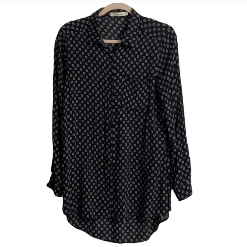 Solitaire Button Down Blouse Shirt  Long Sleeve Black White Size M
